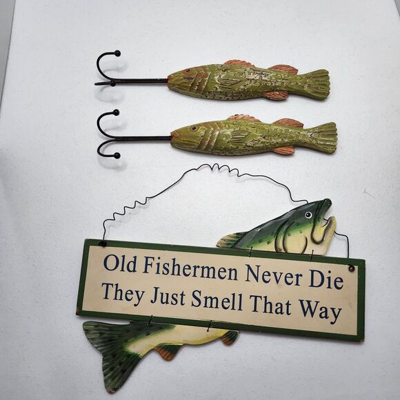 Fisherman Wall Decor Set – Rustic Sign & Hooks – Great Gift for Fishing Fans - Picture 2 of 9